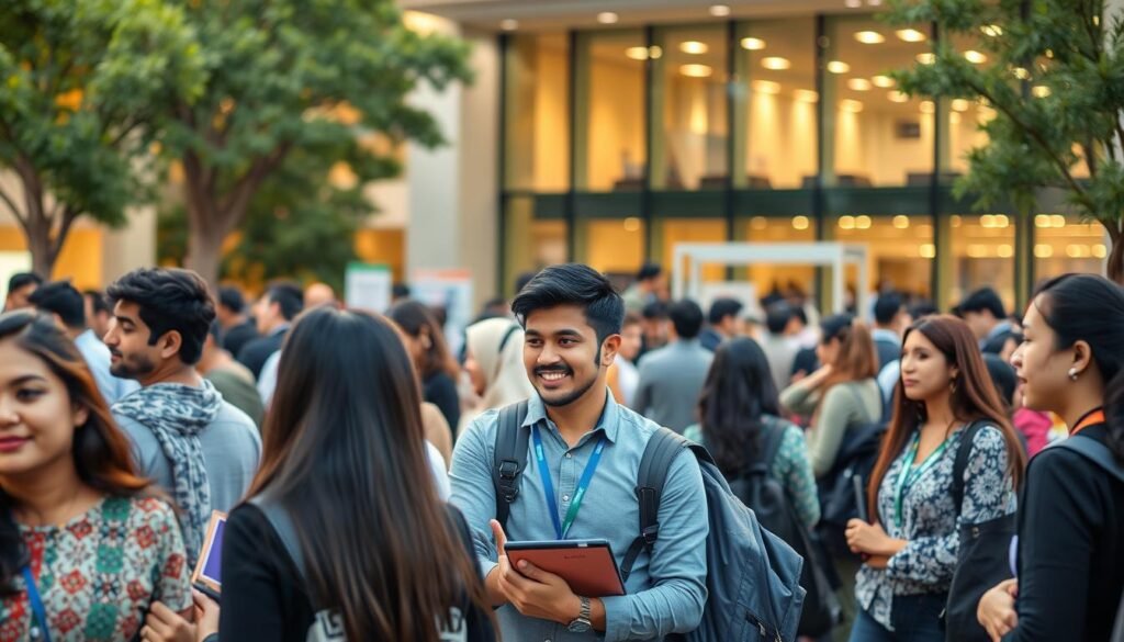 A bustling campus scene, showcasing the vibrant career support at DALWA. In the foreground, students engage in lively discussions with career counselors, their expressions animated as they explore future possibilities. The middle ground features a career fair, with representatives from diverse industries presenting opportunities to the attentive crowd. In the background, a modern, well-equipped career center stands, its glass façade reflecting the campus' commitment to shaping successful futures. Warm, diffused lighting creates a welcoming atmosphere, while a sense of purpose and determination permeates the scene. The overall impression conveys DALWA's unwavering dedication to empowering its students' career aspirations.