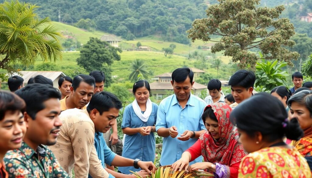 A bustling scene of collective effort, "gotong royong koperasi" depicts a vibrant community working together in harmonious cooperation. In the foreground, a group of diverse individuals collaborate on a shared project, their expressions focused and determined. The middle ground showcases the cooperative's organizational structure, with efficient processes and well-coordinated tasks. In the background, a lush, verdant landscape provides a serene and natural backdrop, symbolizing the sustainable and holistic approach of the cooperative. Warm, diffused lighting illuminates the scene, conveying a sense of unity, progress, and the empowering spirit of economic self-determination.
