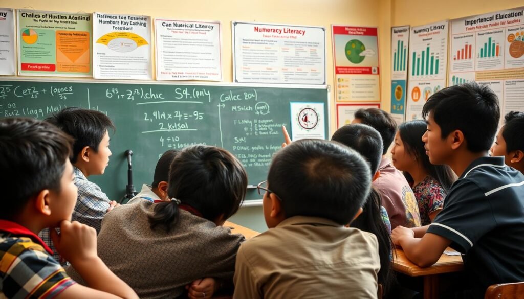 A classroom setting, with students of diverse backgrounds engaged in numerical problem-solving activities. The foreground depicts a group of students huddled around a chalkboard, their expressions a mix of concentration and determination as they grapple with mathematical equations. The middle ground shows a teacher guiding the students, using a pointer to emphasize key concepts. The background features posters and charts highlighting the importance of numerical literacy, creating a visually compelling representation of the challenges and opportunities in improving numeracy education in Indonesia. The lighting is warm and inviting, creating a sense of learning and discovery. The overall composition conveys the energy and dynamism of a classroom striving to overcome the hurdles of numeracy education.