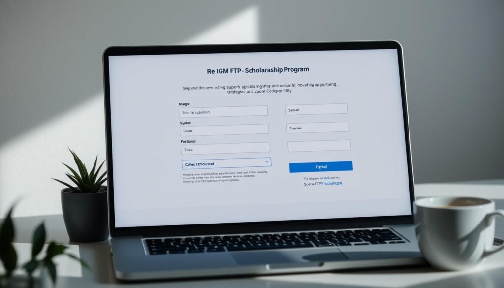 A close-up view of a laptop screen displaying the step-by-step registration process for the UGM FTP scholarship program. The interface features clean, intuitive navigation with clear instructions and input fields. A sense of professionalism and attention to detail is conveyed through the design, with a muted color palette of blues and grays. The laptop is placed on a minimalist desk, with a plant and a cup of coffee providing a touch of warmth to the scene. Soft, directional lighting casts subtle shadows, creating depth and emphasizing the key elements. The overall mood is one of efficiency, accessibility, and a commitment to supporting agricultural innovation through educational opportunities.