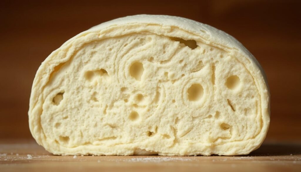 A cross-section view of a rising bread dough, captured in a soft, diffused lighting. The foreground shows the bubbling, yeast-activated dough, with delicate air pockets and a moist, supple texture. The middle ground reveals the intricate gluten network, stretching and trapping the carbon dioxide produced by the fermentation process. In the background, a warm, amber-toned backdrop suggests the cozy, controlled environment of a kitchen counter or proofing box. The overall mood is one of patience, transformation, and the gentle ebb and flow of natural processes at work, creating the ideal foundation for a perfectly baked Neapolitan pizza crust.