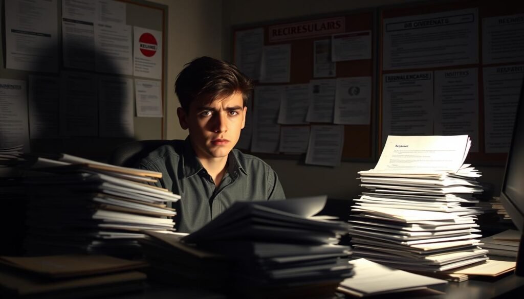 A dimly lit office scene, with a young graduate sitting at a desk, surrounded by stacks of resumes and rejection letters. The lighting is soft, casting shadows across the frustrated expression on their face. In the background, a bulletin board displays a mix of job postings and industry requirements, highlighting the disconnect between the graduate's skills and the demands of the market. The overall atmosphere conveys a sense of disillusionment and the challenges faced by university graduates in finding suitable employment.