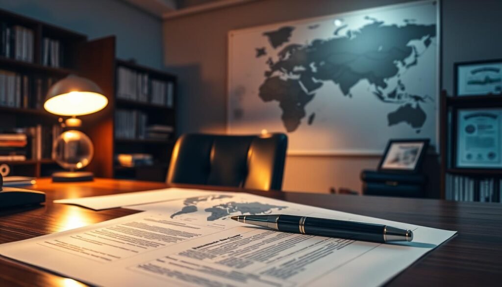 A dimly lit office setting, with a strategic investment plan laid out on a mahogany desk. In the foreground, a pen rests on the documents, symbolizing the decision-making process. The middle ground features a large world map on the wall, highlighting key financial hubs and trade routes. Soft, directional lighting from a desk lamp casts a warm glow, creating an atmosphere of thoughtful contemplation. In the background, a bookshelf filled with financial journals and a framed certificate of financial expertise suggest the expertise and resources available to the investor. The overall scene conveys a sense of considered strategy, international scope, and professional competence in the realm of strategic investment.