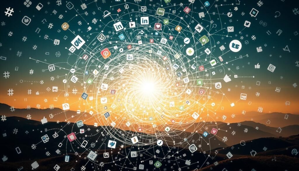 A dynamic, multi-layered composition depicting the complex mechanics of social media virality. In the foreground, a swirling vortex of interconnected digital elements - hashtags, shares, likes, and comments - creating a mesmerizing visual representation of the rapid spread of online content. In the middle ground, a network of stylized social media platforms, each with its own distinct visual identity, serve as the conduits for this viral phenomenon. The background features a subdued, ethereal landscape, hinting at the broader societal and cultural implications of the viral media landscape. Illuminated by a warm, diffused lighting, the scene conveys a sense of both power and fragility inherent in the viral media ecosystem.