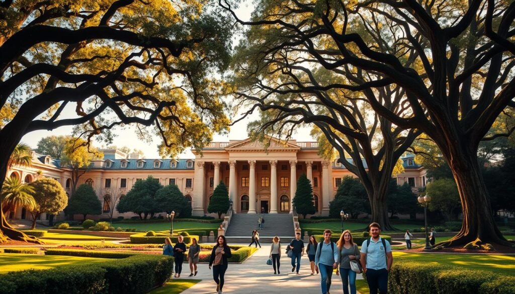 A grand, stately university campus nestled amidst lush, verdant gardens, its neo-classical architecture bathed in warm, golden sunlight. In the foreground, a group of students stroll across a well-manicured courtyard, their faces exuding a sense of purpose and excitement. In the middle ground, the imposing main administrative building stands tall, its ornate columns and arched windows conveying a sense of tradition and prestige. The background is filled with towering oak trees, their branches swaying gently in the breeze, creating a tranquil, contemplative atmosphere. This image captures the essence of the prestigious DALWA university, showcasing its picturesque setting and the vibrant student experience it offers.