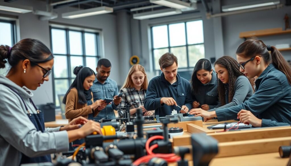 A group of diverse students in a modern, well-equipped vocational school classroom, engaged in hands-on, collaborative learning activities. The foreground features students intently focused on their projects, utilizing state-of-the-art tools and equipment. The middle ground showcases a teacher guiding and encouraging the students, while the background reveals large windows allowing natural light to stream in, creating a bright, airy atmosphere. The scene conveys a sense of innovation, creativity, and excitement about the future of vocational education.