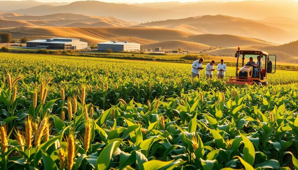 A lush agricultural landscape in warm, golden lighting. In the foreground, a diverse array of thriving crops - wheat, corn, vegetables, and fruits - representing the breadth of technological innovations in modern farming. The middle ground features a group of enthusiastic students engaged in hands-on research, analyzing soil samples and operating advanced agricultural equipment. In the background, a state-of-the-art research facility and rolling hills, symbolizing the academic and natural environments that foster agricultural technology. The scene conveys a sense of progress, innovation, and the promise of a sustainable future for agriculture, enabled by the transformative power of educational scholarships.