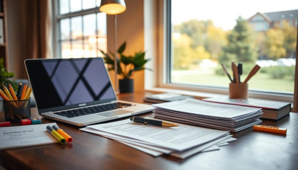 A neatly organized desk with an open laptop, a stack of application forms, and a pen poised to fill them out. Soft, warm lighting casts a cozy glow, while a large window in the background reveals a scenic campus view. Carefully arranged educational supplies, such as highlighters and sticky notes, suggest a focused and diligent application process. The overall atmosphere conveys a sense of anticipation and determination, as the applicant meticulously prepares their scholarship submission.