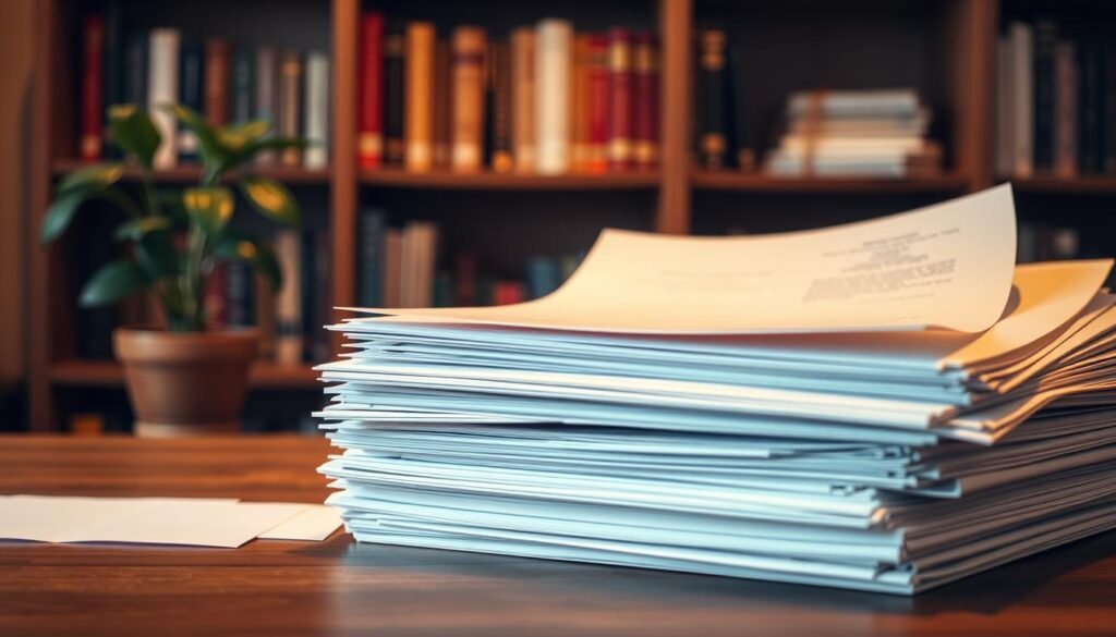 A neatly organized stack of official documents, including application forms, transcripts, and recommendation letters, resting on a wooden desk under warm, focused lighting. The papers are crisp and well-maintained, conveying a sense of professionalism and attention to detail. In the background, a bookshelf filled with reference materials and a potted plant add a touch of scholarly ambiance, while the overall composition suggests the care and preparation required for a successful scholarship application.