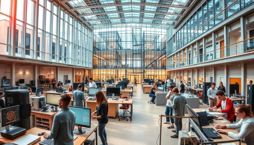 A panoramic view of a modern vocational school campus, with a dynamic interplay of digital technologies and hands-on learning spaces. In the foreground, students engage in collaborative projects, working with state-of-the-art equipment and virtual simulations. The middle ground showcases specialized workshops and laboratories, where trainees hone their technical skills. In the background, a towering, glass-enclosed atrium serves as the heart of the institution, filled with the buzz of activity and the exchange of ideas. Warm, natural lighting filters through the windows, creating a sense of openness and innovation. The overall atmosphere conveys the challenges and opportunities of vocational education in the digital age, where preparing students for evolving workforce demands is paramount.
