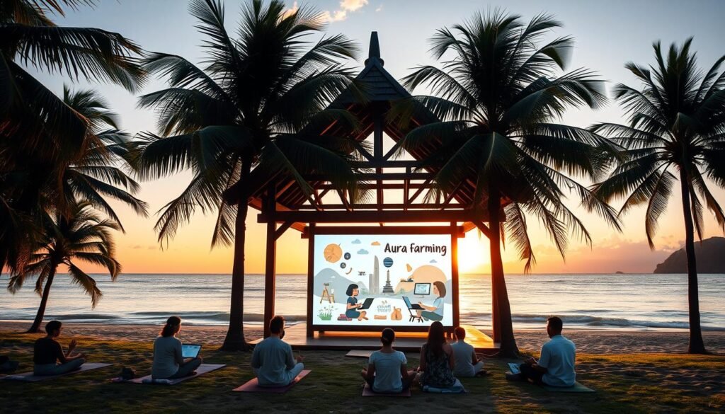 A serene, tranquil scene of a tropical beach, with lush palm trees swaying gently in the breeze. In the foreground, a group of people engaged in various activities, such as yoga, meditation, and digital work on their laptops, capturing the essence of &quot;Aura Farming&quot; and its integration with modern branding and tourism. The middle ground features a picturesque wooden structure, resembling a traditional Balinese pavilion, where a vibrant digital display showcases stylized elements of local culture and heritage. The background is dominated by a breathtaking sunset, casting a warm, golden glow over the entire scene, creating a sense of harmony and balance between the natural and digital realms.