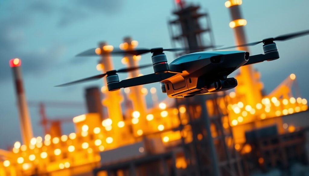 A sleek, locally-designed drone hovers gracefully over a futuristic industrial landscape. Its streamlined body and advanced sensors reflect the cutting-edge innovation of Indonesia's emerging drone technology. In the foreground, the drone casts a sharp, high-contrast shadow, adding depth and drama to the scene. The background features towering factory buildings, glowing with warm, ambient lighting that creates an aura of technological progress. The overall tone is one of sophisticated, forward-thinking engineering, showcasing Indonesia's ability to develop world-class drone solutions for Industry 4.0.
