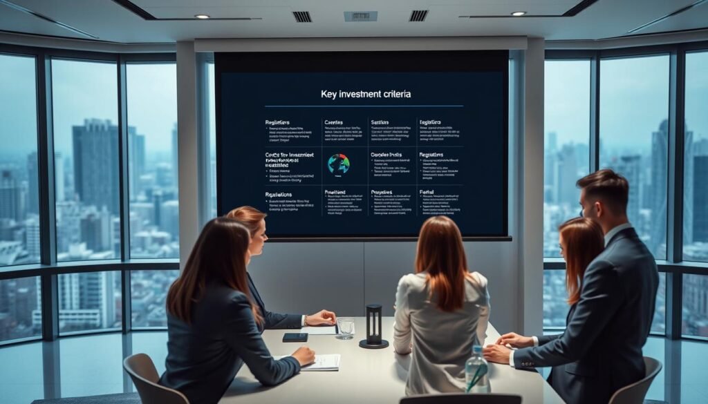 A sleek, modern office interior with large windows overlooking a bustling cityscape. In the foreground, a group of business professionals gathered around a conference table, engaged in a discussion. Soft, directional lighting illuminates their faces, conveying a sense of authority and professionalism. The middle ground features a projection screen displaying key investment criteria and regulations, with clean, minimalist infographics. In the background, the cityscape outside the windows is visible, suggesting the broader economic context and global connections. The overall mood is one of efficiency, collaboration, and the potential for international investment opportunities.