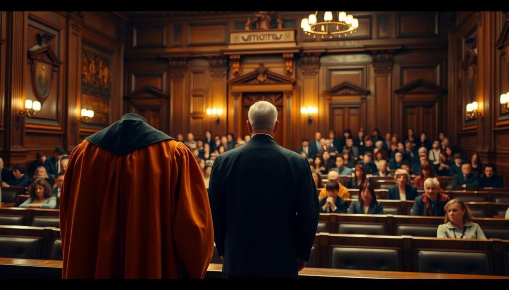 A solemn courtroom scene, illuminated by warm, diffuse lighting. In the foreground, a judge stands solemnly, clad in traditional robes, preparing to deliver a verdict. Behind them, rows of wooden benches filled with a somber audience, their expressions a mix of anticipation and trepidation. In the background, the ornate architecture of the courthouse creates a sense of gravity and formality. The atmosphere is heavy with the weight of the decision to be made, a testament to the gravity of the crime and the importance of upholding the law.