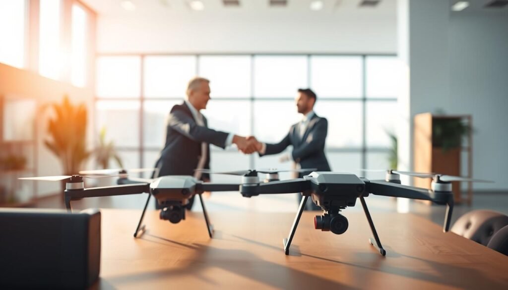 A strategic technology partnership between two drone companies, showcased in a modern, minimalist setting. In the foreground, two executives shake hands, conveying a sense of collaboration and shared vision. The middle ground features sleek, state-of-the-art drone models, hinting at the cutting-edge technology being developed. In the background, a clean, well-lit office space with large windows, projecting an atmosphere of innovation and professionalism. Warm, directional lighting creates depth and highlights the key elements, while a shallow depth of field isolates the central focus. The overall tone is one of sophistication, progress, and the future of the drone industry.