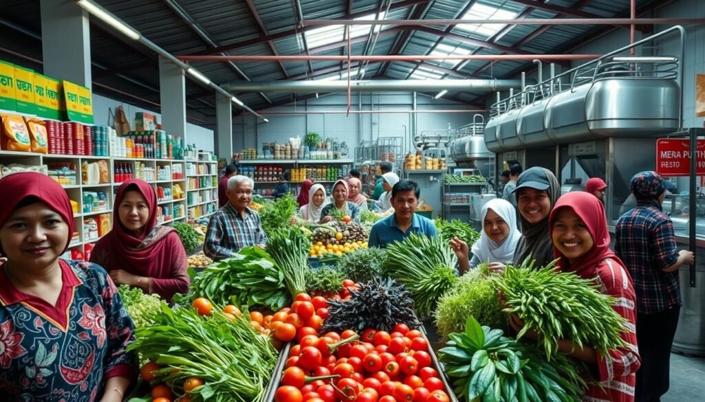 A thriving Merah Putih cooperative, bustling with activity. In the foreground, farmers proudly display their locally-grown produce, vibrant colors popping under natural sunlight. The middle ground showcases a well-stocked cooperative store, shelves brimming with affordable, high-quality goods. In the background, a modern processing facility hums with efficiency, processing and packaging the cooperative's products for distribution. The scene exudes a sense of community, empowerment, and economic self-reliance, reflecting the cooperative's crucial role in supporting Indonesian independence and prosperity.