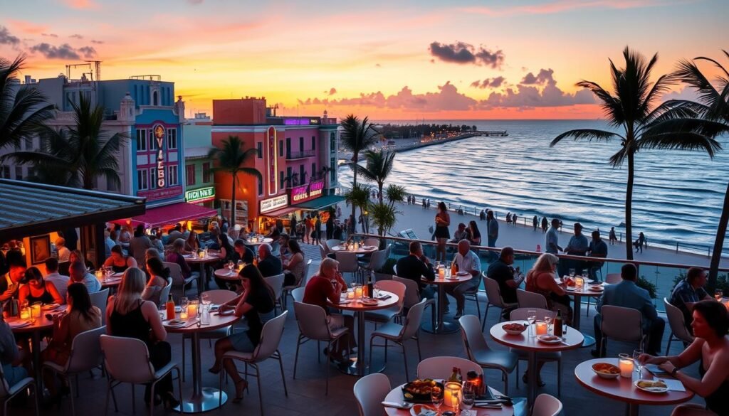 A vibrant and lively evening scene in South Beach, Miami. The foreground features a bustling outdoor dining area with chic, modern tables and chairs populated by well-dressed patrons enjoying a delectable array of local cuisine. The middle ground showcases the iconic Art Deco-style architecture of the neighborhood, with pastel-colored buildings and neon signs illuminating the streets. In the background, a breathtaking view of the sparkling Atlantic Ocean and a stunning sunset sky, creating a warm, inviting atmosphere. The lighting is a perfect balance of soft, ambient lighting and dramatic, theatrical spotlights, capturing the energy and excitement of the Miami culinary experience.