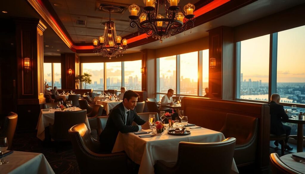 A vibrant, dimly lit restaurant interior in Miami, Florida. The foreground features a well-dressed couple dining at a white-linen-covered table, enjoying a gourmet meal. The middle ground showcases the elegant decor, with plush leather seating, ornate chandeliers, and rich wood paneling. The background reveals a panoramic view of the Miami skyline through large windows, bathed in the warm glow of the setting sun. The atmosphere exudes a sense of refined sophistication and a celebration of the city's culinary delights.