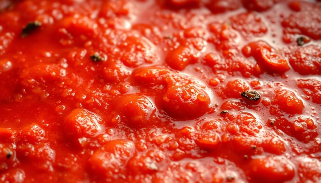 A vibrant, luscious close-up of a thick, rich tomato sauce, simmered to perfection. The sauce glistens under warm, natural lighting, its deep red hues accented by a hint of aromatic herbs and spices. Textural details are evident, with visible tomato skins and a slight chunkiness that suggests a homemade quality. The sauce appears to have a smooth, velvety consistency, perfectly suited for topping a Neapolitan-style pizza crust. The overall mood is one of rustic, Italian authenticity, inviting the viewer to imagine the delicious flavors and aromas of this essential pizza topping.