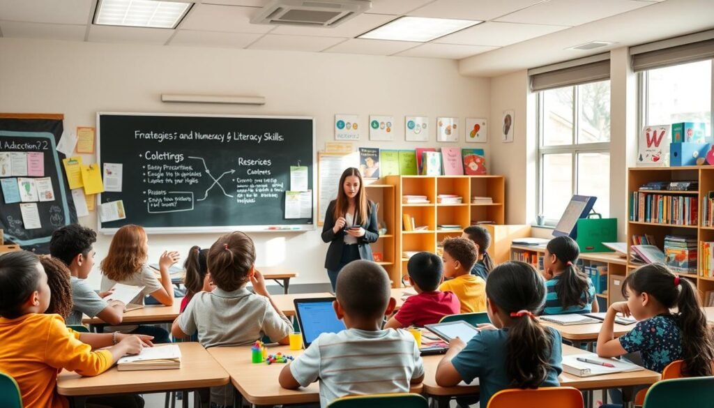 A well-lit classroom setting, with a chalkboard or whiteboard at the front showcasing strategies and best practices for improving numeracy and literacy skills. In the foreground, a group of diverse students engaged in collaborative learning activities, using manipulatives, books, and digital devices. The middle ground features a teacher guiding the lesson, using visual aids and hands-on demonstrations to enhance understanding. The background offers a warm, inviting atmosphere with colorful educational posters, shelves of learning resources, and large windows letting in natural light. The overall scene conveys a dynamic, engaging, and inclusive educational environment focused on cultivating essential literacy and numeracy competencies.