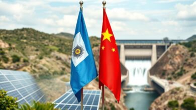 Kerjasama energi Argentina-China dengan latar belakang panel surya dan bendera kedua negara