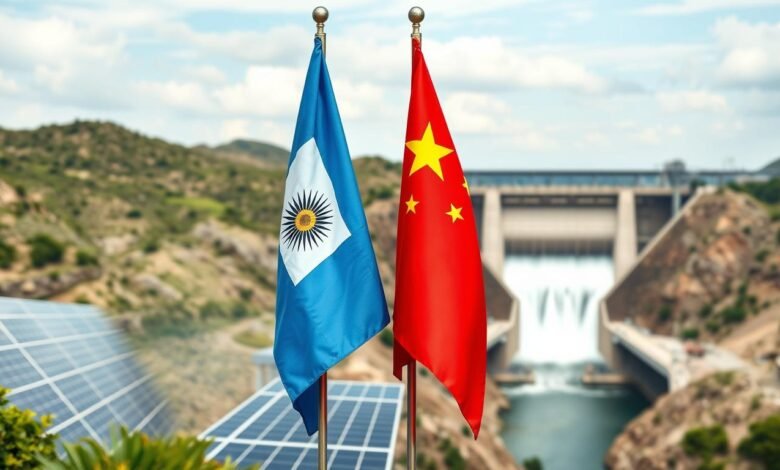 Kerjasama energi Argentina-China dengan latar belakang panel surya dan bendera kedua negara
