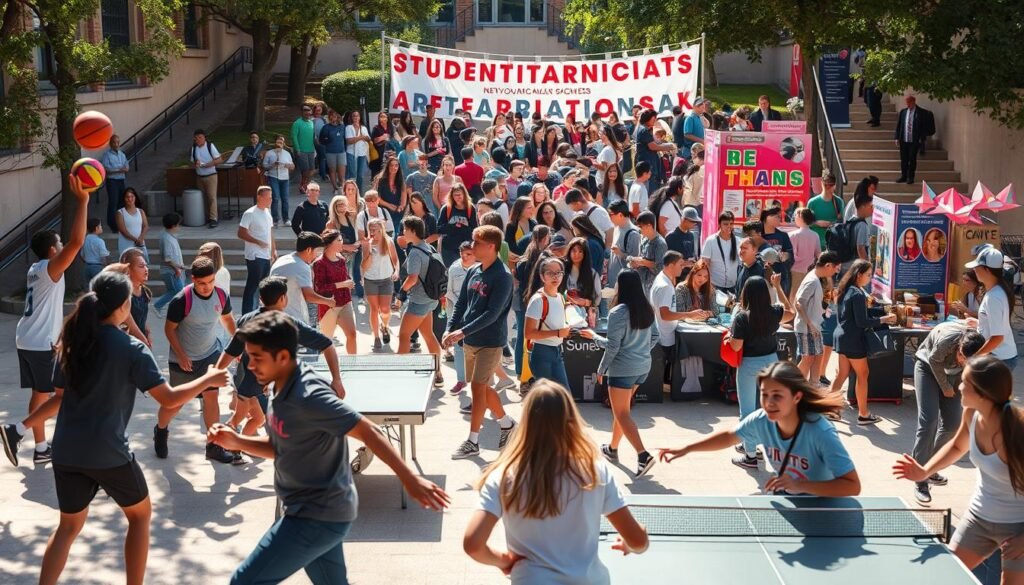 A bustling campus scene showcasing a diverse range of extracurricular activities. In the foreground, students enthusiastically participate in sports like basketball, volleyball, and table tennis, their movements captured in dynamic mid-action poses. The middle ground features groups of students engaged in artistic pursuits, such as a drama club rehearsal, a band practice, and an origami workshop. In the background, a vibrant student organization fair displays colorful booths and banners, inviting newcomers to explore the myriad of clubs and societies available. The scene is illuminated by warm, natural lighting, casting a friendly and welcoming atmosphere. The overall composition conveys a sense of energy, camaraderie, and the rich tapestry of extracurricular life on campus.