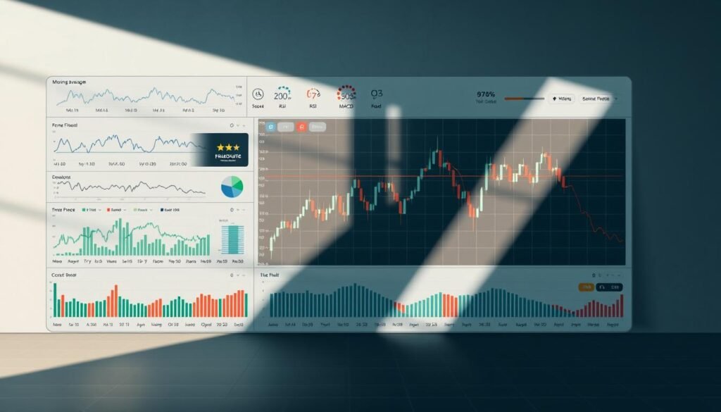 A comprehensive technical analysis dashboard displaying various forex trading indicators on a sleek and modern interface. The foreground features a series of line graphs, bar charts, and oscillators illustrating key technical metrics such as moving averages, RSI, MACD, and Bollinger Bands. The middle ground showcases a large candlestick chart depicting real-time forex price movements, with clean and intuitive visualizations. The background renders a minimalist workspace with subtle grid patterns and soft, muted tones to create a professional, analytical atmosphere. Dramatic side lighting casts shadows that accentuate the dashboard's depth and three-dimensionality. The overall composition conveys a sense of data-driven decision making and methodical risk management essential for successful forex trading.