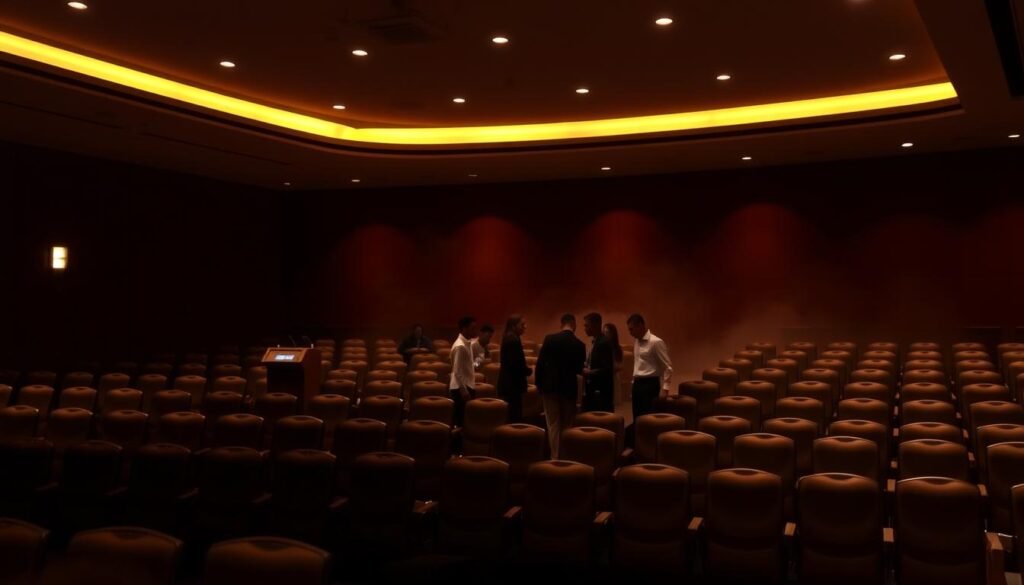 A dimly lit auditorium with rows of chairs arranged in a semi-circular pattern, illuminated by warm overhead lighting that casts a soft, inviting glow. In the foreground, a small stage with a podium and a projection screen, conveying a sense of formality and anticipation. The middle ground features several students, dressed in formal attire, engaged in friendly conversation, creating an atmosphere of camaraderie and excitement. The background is hazy, suggesting the presence of other attendees, contributing to the bustling energy of the orientation event. The overall scene evokes a sense of preparedness, community, and the beginning of a new academic journey.