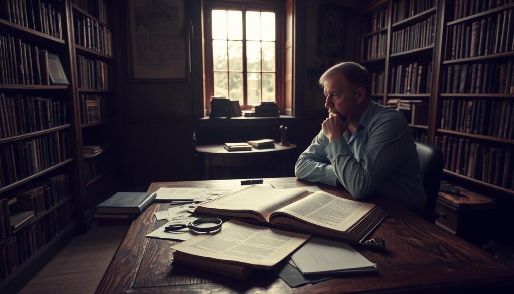 A dimly lit study with wooden bookshelves lining the walls, their spines casting long shadows. On a large oak desk, an open book lies amidst scattered papers, a magnifying glass and a pen. Soft light filters in through a window, illuminating a thoughtful academic lost in research, contemplating the nuanced connections between words. The air is thick with the scent of aged parchment and quiet contemplation. A sense of scholarly pursuit and linguistic discovery permeates the scene.