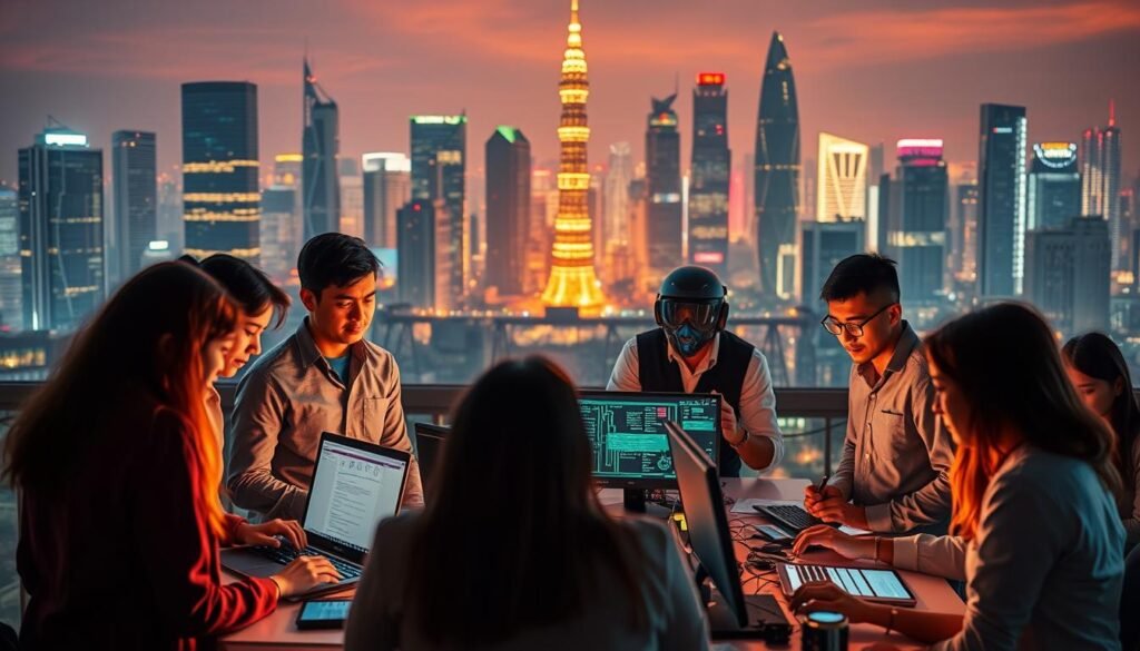 A diverse collection of high-tech occupations set against a vibrant, tech-forward backdrop. In the foreground, a group of professionals in various roles - software developers, data analysts, cybersecurity experts, and AI engineers - gathered in a dynamic, collaborative workspace. The middle ground features an array of futuristic devices, screens, and interfaces, hinting at the cutting-edge tools and technologies that shape their work. In the background, a cityscape of towering skyscrapers and glowing neon lights symbolizes the urban, innovation-driven environment of Indonesia's thriving tech industry. Warm lighting creates a sense of energy and opportunity, while a subtle depth of field emphasizes the multifaceted nature of modern technology careers.