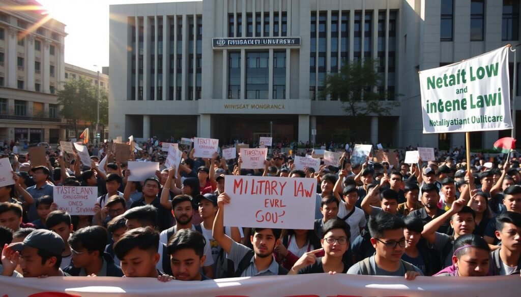 A large crowd of university students gathered in a public square, holding signs and banners in protest against the proposed revisions to the Military Law. The scene is captured with a wide-angle lens, highlighting the scale and energy of the demonstration. Sunlight filters through the buildings, casting dramatic shadows on the crowd below. The students' faces show a mix of determination and passion, their body language conveying a sense of unified resistance. The background features the iconic architecture of the Trisakti University campus, adding context and a sense of place to the image. Overall, the prompt aims to create a visually striking and emotive depiction of the student protest, capturing the essence of their opposition to the government's legislative plans.