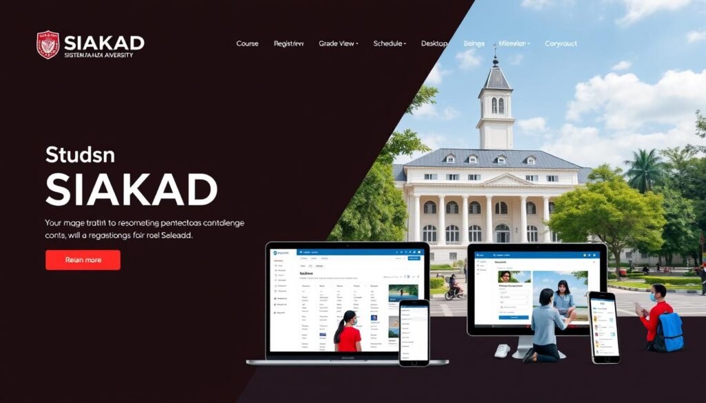 A modern, user-friendly web interface for the SIAKAD (Sistem Informasi Akademik) platform at the Dalwa University. The interface features a clean, minimalist design with clear navigation, intuitive menus, and a responsive layout optimized for both desktop and mobile devices. The foreground showcases the SIAKAD logo and key functionalities like course registration, grade viewing, and schedule management. The middle ground depicts students accessing the system on various devices, highlighting its accessibility and convenience. The background depicts the Dalwa University campus, with its iconic architecture and lush greenery, establishing a sense of place and academic setting. The overall atmosphere conveys efficiency, connectivity, and the empowerment of Dalwa students through the SIAKAD platform.