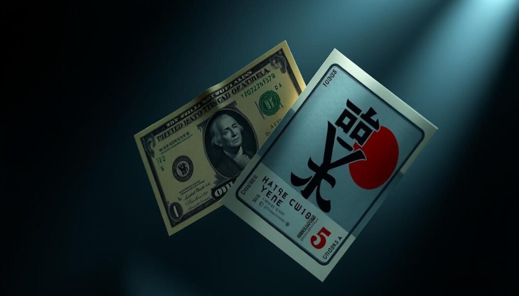 A pair of interlocked currencies, the US dollar and the Japanese yen, floating against a dimly lit backdrop. The currencies are rendered in a realistic 3D style, with intricate details and a sense of depth. The lighting is low-key, creating a moody and contemplative atmosphere. The composition is balanced, with the currencies positioned centrally and occupying a significant portion of the frame. The background is slightly blurred, suggesting a focus on the currencies and their interplay. The overall tone is one of financial sophistication and the complexities of the foreign exchange market.