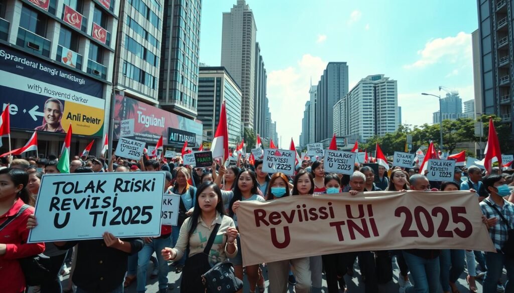 A peaceful protest scene featuring a large crowd of students marching through the streets, holding colorful banners and signs that read "Tolak Revisi UU TNI 2025". The foreground is dominated by the determined expressions and resolute stances of the protesters, conveying a sense of unity and civic engagement. The middle ground showcases the diverse range of participants, from young to old, representing the broader student movement. The background features the bustling urban landscape, with towering buildings and a clear, sunlit sky, creating a sense of scale and the public nature of the demonstration. The overall mood is one of civic activism and democratic expression, captured through a cinematic, wide-angle perspective that emphasizes the scale and importance of the event.