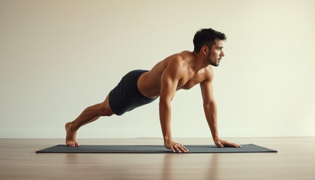 A person performing a plank exercise on a yoga mat in a well-lit, minimalist studio. The subject is in profile, with strong arms supporting their body in a straight line. The mat has a subtle textured surface, and the background is a clean, neutral-toned wall, creating a sense of focus on the subject's form and technique. Soft, diffused lighting from the side emphasizes the subject's muscular engagement and the tension in their core. The overall mood is one of purposeful, controlled movement and physical discipline.