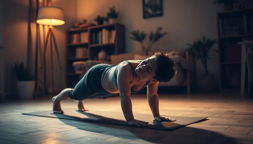 A serene and introspective indoor scene, with a person performing a focused plank exercise on a yoga mat in a dimly lit, cozy living room. Soft, warm lighting emanates from a floor lamp, casting a gentle glow and creating a sense of calm and reflection. The person's face is relaxed, conveying a sense of mental tranquility and mindfulness. The background features bookshelves, potted plants, and other subtle elements that suggest a space for contemplation and self-care. The overall atmosphere evokes a profound connection between physical and mental well-being, highlighting the benefits of the plank exercise for both bodily strength and mental health.