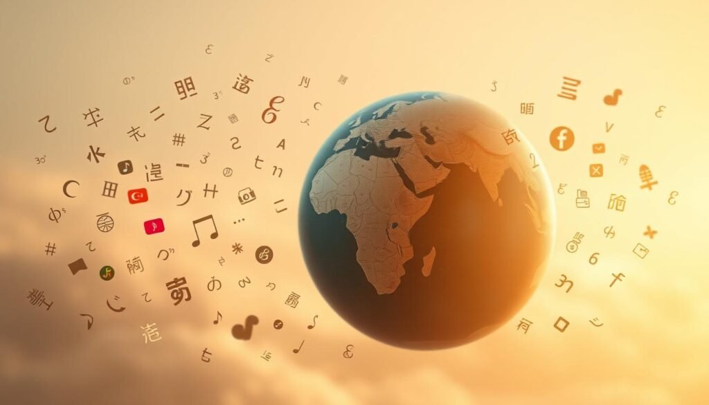 A serene, globalized world where language evolves. In the foreground, a diverse array of linguistic symbols and scripts float harmoniously, representing the blending of cultures. In the middle ground, a globe spins, its continents a tapestry of interconnected pathways. The background bathes in a warm, diffused light, conveying a sense of progress and unity. Subtle shadows and soft edges lend an ethereal, contemplative atmosphere, as if visualizing the subtle, transformative impact of globalization on the nuances of language and communication.