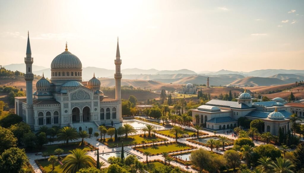 A serene, sun-dappled landscape showcases the harmonious integration of traditional Islamic architecture and modern sustainable technology. In the foreground, a grand mosque with intricate calligraphic patterns and ornate domes stands as a testament to the rich cultural heritage. Surrounding it, lush green gardens and water features create a tranquil, contemplative atmosphere. In the middle ground, sleek, energy-efficient buildings with solar panels on their roofs blend seamlessly with the architectural style, representing the successful implementation of Sharia-compliant economic principles. The background features rolling hills and a vibrant, cloudless sky, conveying a sense of prosperity and spiritual enlightenment. The scene radiates a sense of balance, harmony, and the harmonious integration of tradition and modernity. A serene, sun-dappled landscape showcases the harmonious integration of traditional Islamic architecture and modern sustainable technology. In the foreground, a grand mosque with intricate calligraphic patterns and ornate domes stands as a testament to the rich cultural heritage. Surrounding it, lush green gardens and water features create a tranquil, contemplative atmosphere. In the middle ground, sleek, energy-efficient buildings with solar panels on their roofs blend seamlessly with the architectural style, representing the successful implementation of Sharia-compliant economic principles. The background features rolling hills and a vibrant, cloudless sky, conveying a sense of prosperity and spiritual enlightenment. The scene radiates a sense of balance, harmony, and the harmonious integration of tradition and modernity.