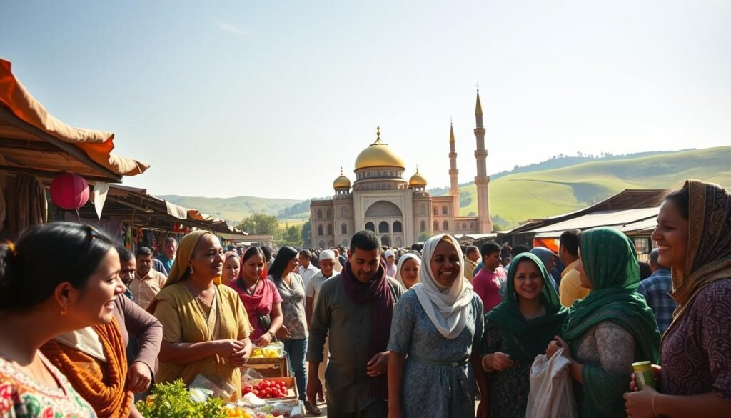 A serene, sun-dappled scene of a bustling marketplace, showcasing the economic benefits of Islamic finance for the community. In the foreground, a diverse group of people engage in animated transactions, their faces radiating contentment. Colorful stalls display an array of goods, from fresh produce to artisanal crafts. The middle ground features a striking mosque, its intricate architecture and golden domes reflecting the spiritual foundations of the economic system. In the background, rolling hills and lush greenery create a tranquil, pastoral backdrop, symbolizing the harmony between spiritual and material prosperity. The lighting is soft and warm, creating a sense of optimism and abundance. Captured through a wide-angle lens, the image conveys the breadth and inclusivity of the Islamic economic model. A serene, sun-dappled scene of a bustling marketplace, showcasing the economic benefits of Islamic finance for the community. In the foreground, a diverse group of people engage in animated transactions, their faces radiating contentment. Colorful stalls display an array of goods, from fresh produce to artisanal crafts. The middle ground features a striking mosque, its intricate architecture and golden domes reflecting the spiritual foundations of the economic system. In the background, rolling hills and lush greenery create a tranquil, pastoral backdrop, symbolizing the harmony between spiritual and material prosperity. The lighting is soft and warm, creating a sense of optimism and abundance. Captured through a wide-angle lens, the image conveys the breadth and inclusivity of the Islamic economic model.