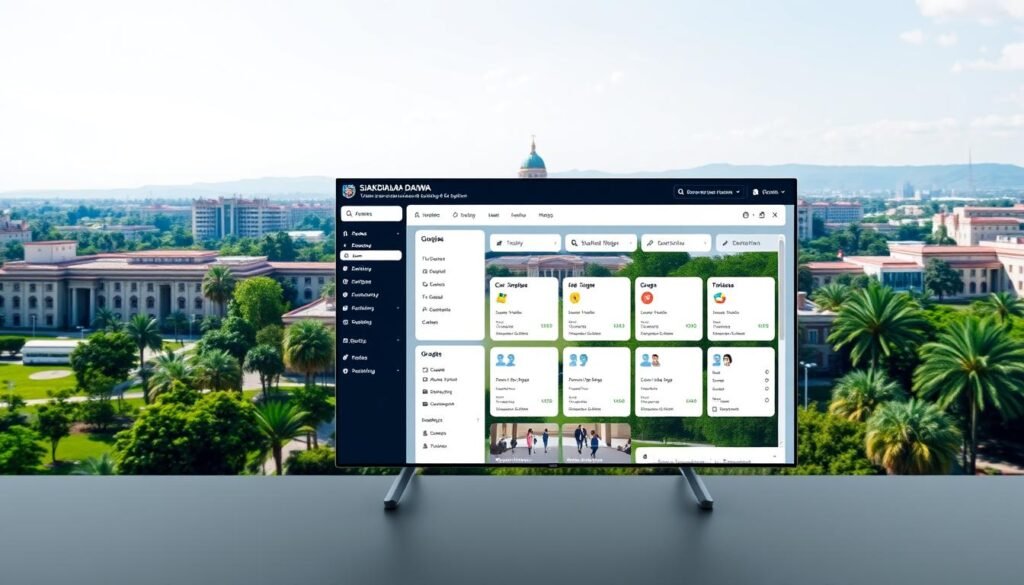 A sleek, modern user interface for the SIAKAD DALWA academic system, set against a backdrop of a university campus. The foreground features a clean, minimalist dashboard with various modules and menu options neatly arranged, conveying a sense of efficiency and organization. The middle ground showcases a few key features, such as student profiles, course enrollment, and grade management, all presented with a polished, intuitive design. In the background, a picturesque campus scene with sprawling buildings, lush greenery, and a hint of bustling student activity, creating a cohesive and professional atmosphere. The lighting is soft and natural, emphasizing the clarity and accessibility of the system. The overall composition and attention to detail suggest a comprehensive and user-friendly academic management platform.