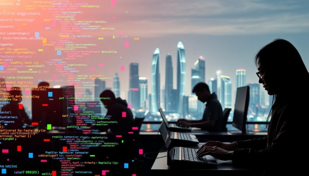 A vibrant and dynamic scene depicting the core programming languages in the tech industry. In the foreground, a diverse array of colorful code snippets and syntax highlights float and intertwine, representing the fundamental building blocks of software development. In the middle ground, sleek and minimalist silhouettes of developers intently focused on their screens, their hands dancing across keyboards. In the background, a futuristic cityscape with towering skyscrapers and gleaming technology creates a sense of innovation and progress. The lighting is a balance of warm and cool tones, casting an engaging and productive atmosphere. The overall composition conveys the vital role that programming skills play in the thriving Indonesian technology sector.