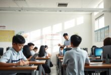 Perkembangan Pendidikan di Indonesia ditunjukkan melalui siswa-siswi yang sedang belajar dengan teknologi modern di sebuah kelas