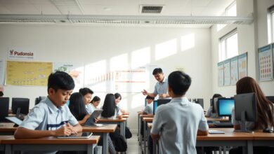 Perkembangan Pendidikan di Indonesia ditunjukkan melalui siswa-siswi yang sedang belajar dengan teknologi modern di sebuah kelas