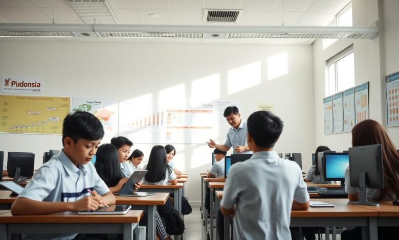 Perkembangan Pendidikan di Indonesia ditunjukkan melalui siswa-siswi yang sedang belajar dengan teknologi modern di sebuah kelas