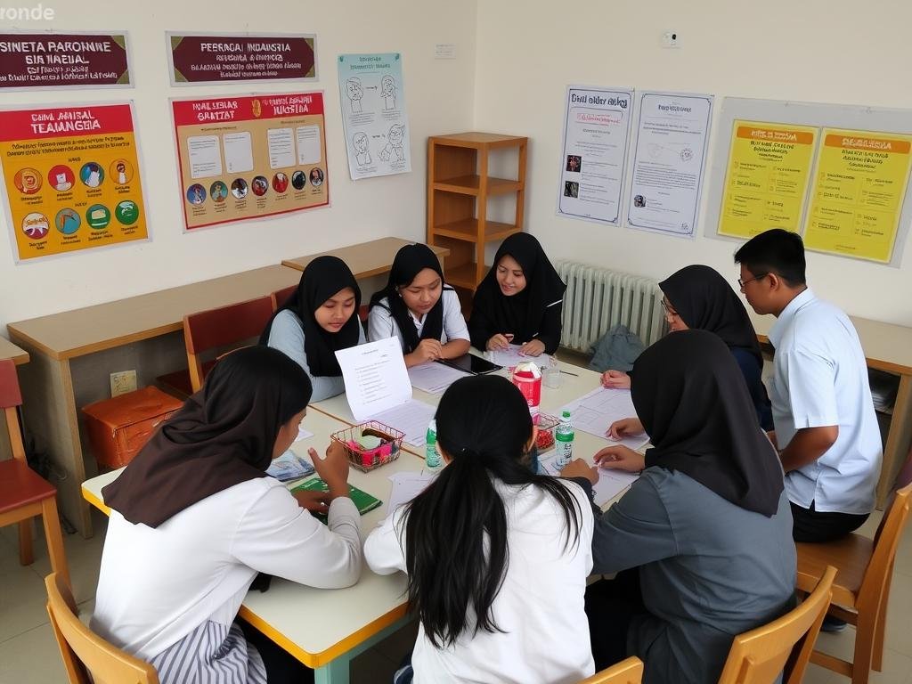 Siswa Indonesia sedang melakukan pembelajaran berbasis proyek dalam kelompok kecil Siswa Indonesia sedang melakukan pembelajaran berbasis proyek dalam kelompok kecil