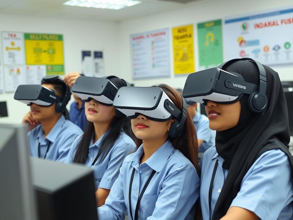 Siswa SMK menggunakan perangkat Virtual Reality untuk simulasi praktik kerja industri Siswa SMK menggunakan perangkat Virtual Reality untuk simulasi praktik kerja industri