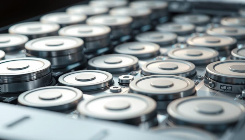 A close-up of an intricate, futuristic battery system with adaptive charging capabilities. The battery cells are arranged in a grid-like pattern, with a sleek, metallic casing that reflects the surrounding environment. Delicate circuitry and advanced sensors are visible, monitoring the battery's performance and adjusting the charging rate and discharge based on usage patterns. The lighting is soft and diffused, creating a sense of balance and efficiency. The overall composition conveys a sophisticated, energy-saving technology that seamlessly integrates with modern electronic devices. A close-up of an intricate, futuristic battery system with adaptive charging capabilities. The battery cells are arranged in a grid-like pattern, with a sleek, metallic casing that reflects the surrounding environment. Delicate circuitry and advanced sensors are visible, monitoring the battery's performance and adjusting the charging rate and discharge based on usage patterns. The lighting is soft and diffused, creating a sense of balance and efficiency. The overall composition conveys a sophisticated, energy-saving technology that seamlessly integrates with modern electronic devices.