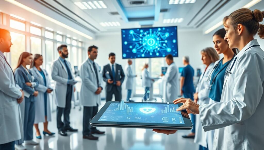 A futuristic hospital setting showcasing the integration of blockchain technology in healthcare. In the foreground, a diverse group of healthcare professionals, dressed in professional attire, are gathered around a digital tablet displaying blockchain data visualizations, symbolizing transparency and security. The middle ground features advanced medical equipment and a digital screen displaying interconnected nodes representing blockchain networks. In the background, large windows allow natural light to flood the room, and patients are seen interacting with healthcare staff, promoting a sense of trust and innovation. The atmosphere is bright and optimistic, emphasizing the positive impact of technology on health and wellness. Use a wide-angle lens to capture the depth and dynamic interactions within the scene. A futuristic hospital setting showcasing the integration of blockchain technology in healthcare. In the foreground, a diverse group of healthcare professionals, dressed in professional attire, are gathered around a digital tablet displaying blockchain data visualizations, symbolizing transparency and security. The middle ground features advanced medical equipment and a digital screen displaying interconnected nodes representing blockchain networks. In the background, large windows allow natural light to flood the room, and patients are seen interacting with healthcare staff, promoting a sense of trust and innovation. The atmosphere is bright and optimistic, emphasizing the positive impact of technology on health and wellness. Use a wide-angle lens to capture the depth and dynamic interactions within the scene.