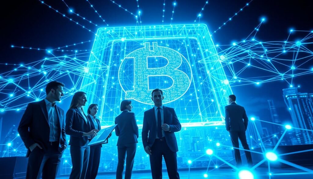 A futuristic representation of "transparency in blockchain," showcasing a vibrant digital network of interconnected, translucent nodes and glowing data streams. In the foreground, depict a diverse group of professionals in sleek, modern business attire, analyzing digital screens displaying blockchain data and transaction paths. The middle ground should feature a large, luminous blockchain structure symbolizing strength and integrity, with soft blue and green hues illuminating the environment. In the background, a stylized city skyline hinting at various industries benefiting from blockchain technology. Use a dramatic low-angle perspective to heighten the sense of innovation and reliability, with soft, diffused lighting to create an atmosphere of trust and clarity, emphasizing the seamless nature of blockchain technology in fostering transparency. A futuristic representation of "transparency in blockchain," showcasing a vibrant digital network of interconnected, translucent nodes and glowing data streams. In the foreground, depict a diverse group of professionals in sleek, modern business attire, analyzing digital screens displaying blockchain data and transaction paths. The middle ground should feature a large, luminous blockchain structure symbolizing strength and integrity, with soft blue and green hues illuminating the environment. In the background, a stylized city skyline hinting at various industries benefiting from blockchain technology. Use a dramatic low-angle perspective to heighten the sense of innovation and reliability, with soft, diffused lighting to create an atmosphere of trust and clarity, emphasizing the seamless nature of blockchain technology in fostering transparency.